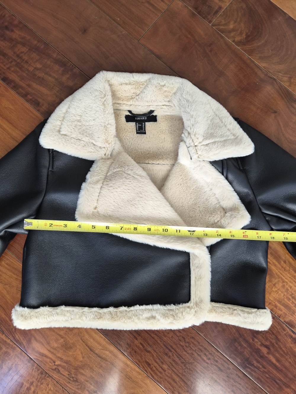 Forever 21 Cropped Faux Fur Moto Jacket Black/Cream XS - Picture 6 of 14
